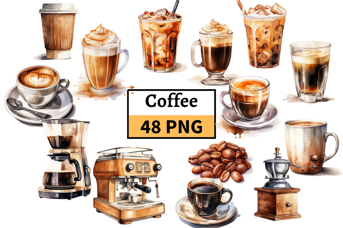 Coffee Themed Illustrations Bundle PNG