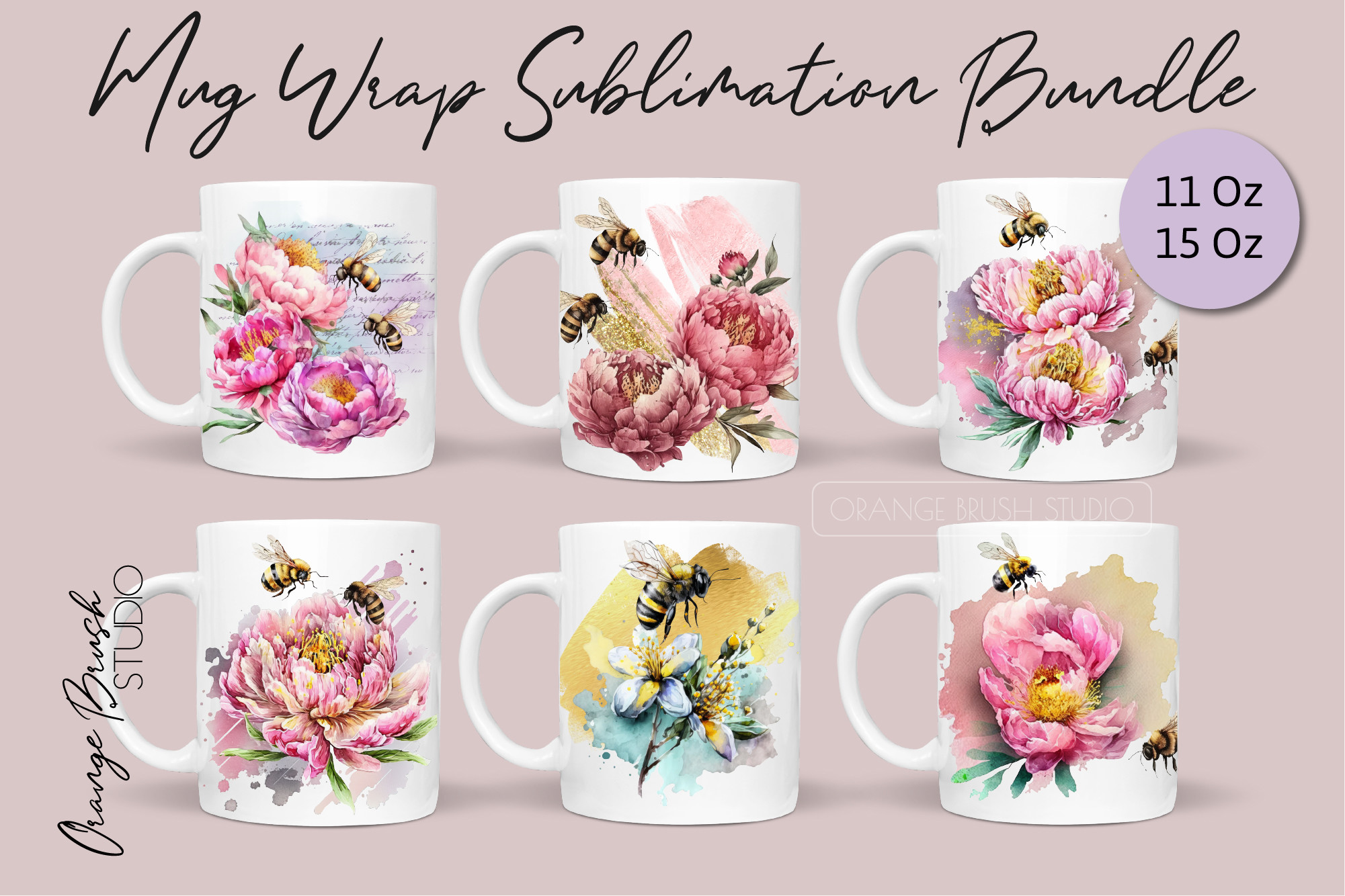 Watercolor Bee Mug Wrap Bundle 6 PNG